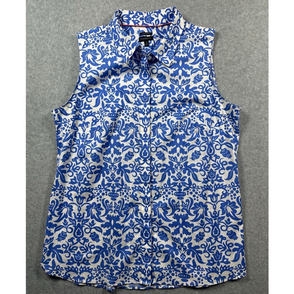 Talbots Button Up Blouse Women's Size 12 Blue White Floral Wrinkle Resistant